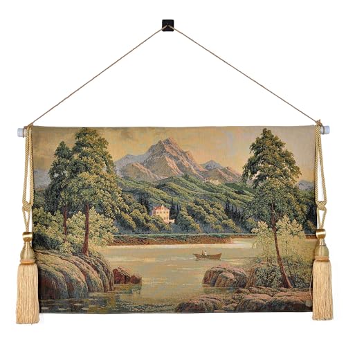 Vintage Nature Tapestry Wall Hanging Set with Telescopic Rod & Tassels - Jacquard Woven Fabric Aesthetic Country Landscape Wall Tapestry for Bedroom/Living Room Decor Green Art (42'x27') (Earthy - greens, lake scene with boat and hills)
