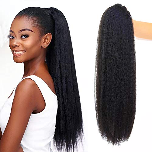 Afro Puff Drawstring Ponytail Extension Natural Long Kinky Straight Fluffy Clip In On Ponytails with Two Combs Yaki Curly Straight Hairpiece Synthetic Hair High Puff Ponytails (1B#)