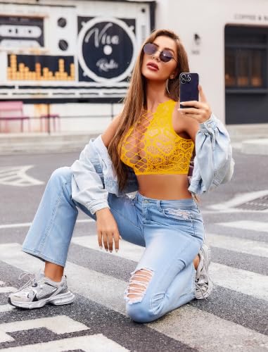 Image of Avidlove Womens Fishnet Lingerie Set Sexy Two Piece Lingeries Hollow Out Stripper Outfit Heart Print Mesh Crop Tops