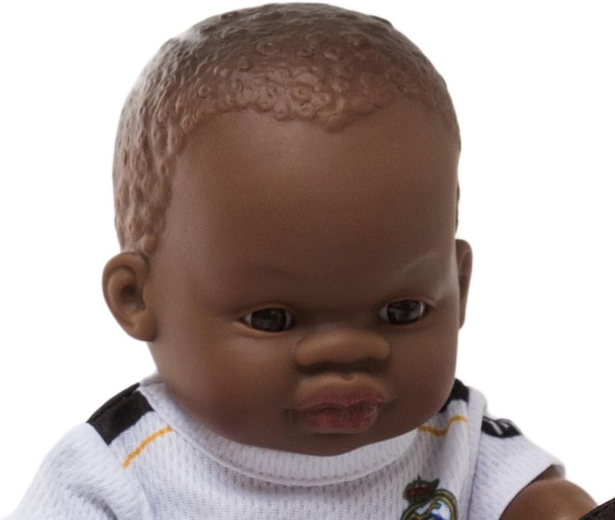 Real Madrid Realistic Reborn Baby Dolls with Official Dress, Cute Scented Body with Vanilla Perfume, Articulated and Collectible Soccer Doll, 8 1/4 inches tall | RM Official License (African Boy)