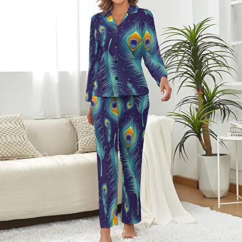 Abstract Peacock Feathers,Women's Pajama Set Long Sleeve Sleepwear Tops Bottoms With Pockets_S #TOP1
