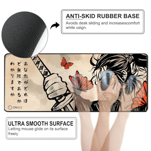 Image of Japanese Samurai Mouse Pad 12x32 Inch 3mm Extended Gaming Desk Mat with Anti-Slip Rubber Base Mousepad for Smooth Surface Desk pad for PC & Laptop Use Waterproof & Stiched (Multicolour) Deskpad