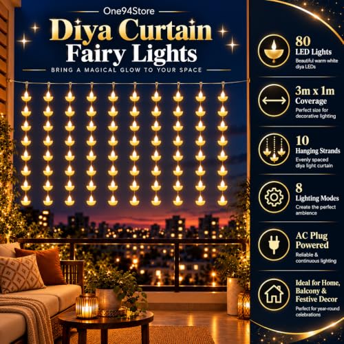 Image of One94Store Diya Curtain Fairy Lights, 80 LED Warm White, 3m x 1m, 10 Hanging Strands, 8 Modes, AC Plug Decorative Lights for Home, Balcony, Pooja Room, Diwali & Festive Decor