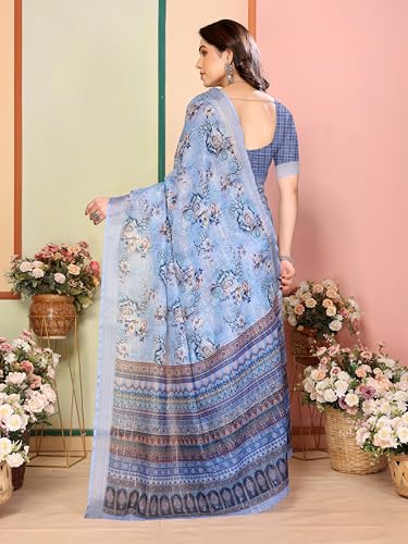 Image of Sidhidata Women's Cotton Linen Blend Lining Digital Printed Saree With Unstitched Blouse Piece (Linen Lining Saree)