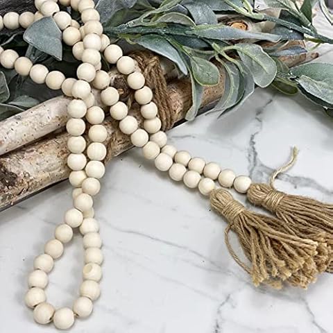 ZILucky Farmhouse Natural Wood Bead Garland, Tiered Tray Decor, Beaded Garland with Tassel, Rustic Country Holiday Boho Christmas Decorations (Wood Beads) Cover