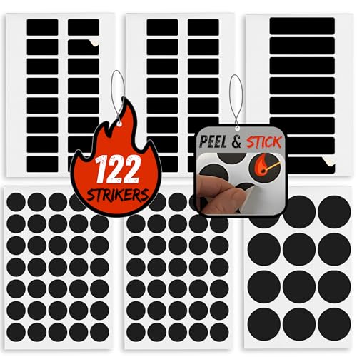 122 Piece Match Striker Variety Pack | Peel & Stick Adhesive Stricker Stickers for Safety Matches | Replacement Flint Strips Pad Dots and Circles Combo