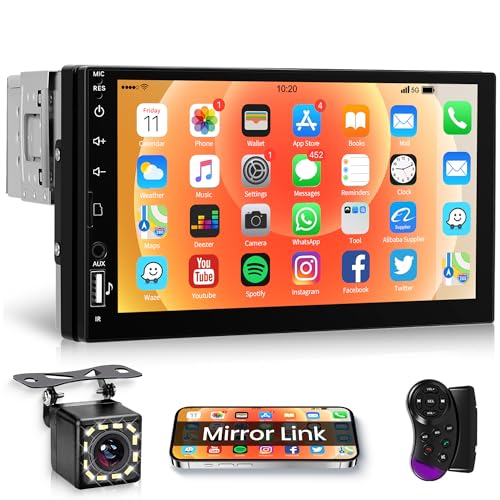 🚘【Android/IOS Mirror Link】Autoradio 1 DIN con supporto schermo Mirror Link per smartphone Android e iOS, connessione tramite autoradio USB. Dopo aver effettuato la connessione con la funzione Mirror Link, è possibile trasferire il contenuto del telefono cellulare sullo schermo dell'autoradio. Facile accesso alle funzioni del telefono come messaggi, musica, navigazione della mappa, video, ecc. Nota: il lettore stereo non è un dispositivo GPS, ottiene la funzione di navigazione GPS quando è collegato al telefono.