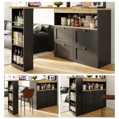 PUGSDRLY Table de Bar Extensible avec Espace de Rangement, Table Bar Cuisine Pivotant à 360°, Comptoir de Cuisine avec 4 Tiroirs et Étagères Ouvertes,...