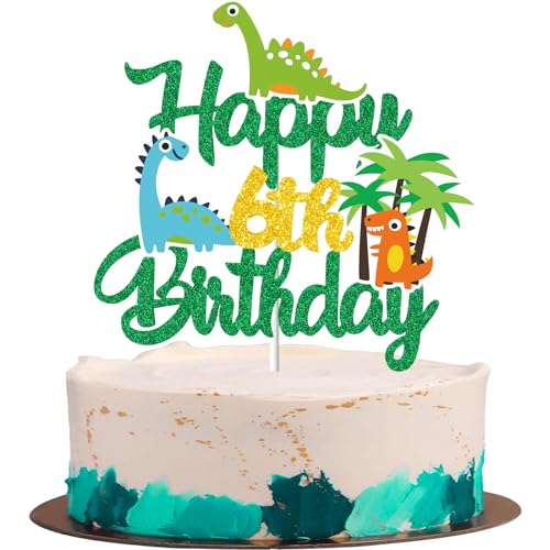 Gidobo Décorations de gâteau d'anniversaire pour 6e anniversaire – Décorations de gâteau dinosaures avec plam, thème animal de la jungle pour enfants, garçons et filles