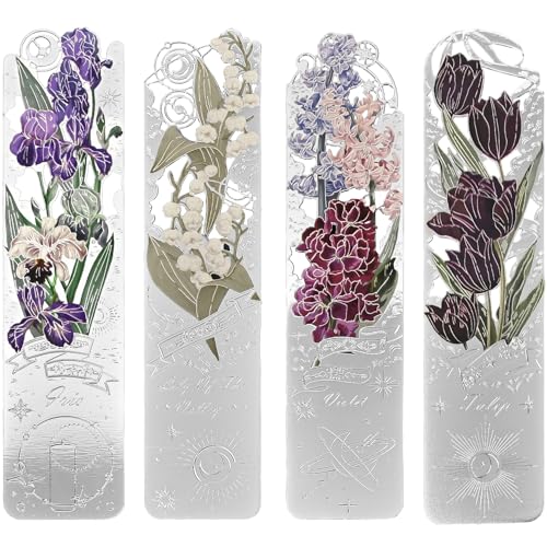 Metall-Lesezeichen, 4er-Set, Silberne Blumen-Seitenmarker, Geschenkidee für Buchliebhaber, Lehrer und Studenten