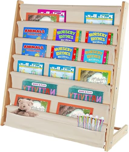 SLEEPHEAD 6 Tier Kids Book Shelf Natural Beige Sling Book Rack for Kids Bedroom Playroom Toy Storage