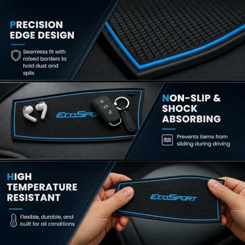 Image of Car Drome | Door Cup Mat Set for Ford EcoSport 2018 to 2021 Models Only | Premium Non Slip Rubber Inserts | Custom Fit 13 Pieces | Blue Trim Interior Car Accessories | Dustproof Waterproof