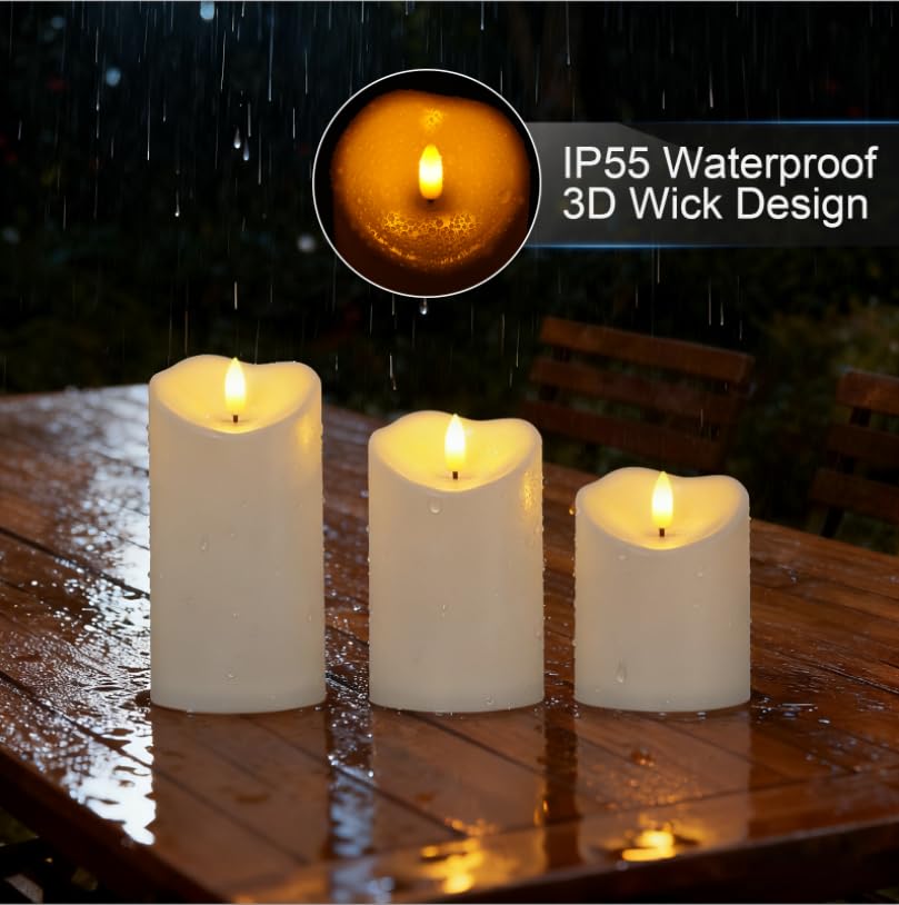 Image of Raycare Outdoor Waterproof Flameless Candles with Remote and Timer, Battery Operated LED Electric Fake Pillar Candle for Christmas Home Wedding Decor, Ivory White, Set of 3