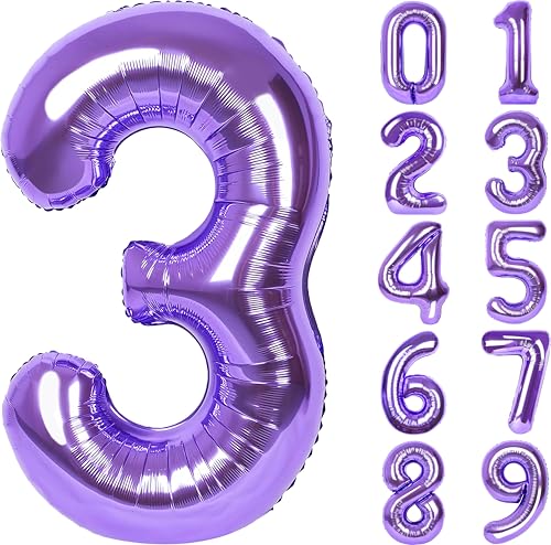 Image of Number Balloons for Birthday Decorations - 40 Inch Large Party Balloons 3, Purple Foil Number Balloons for Boys Girls, Balloons for Party Supplies