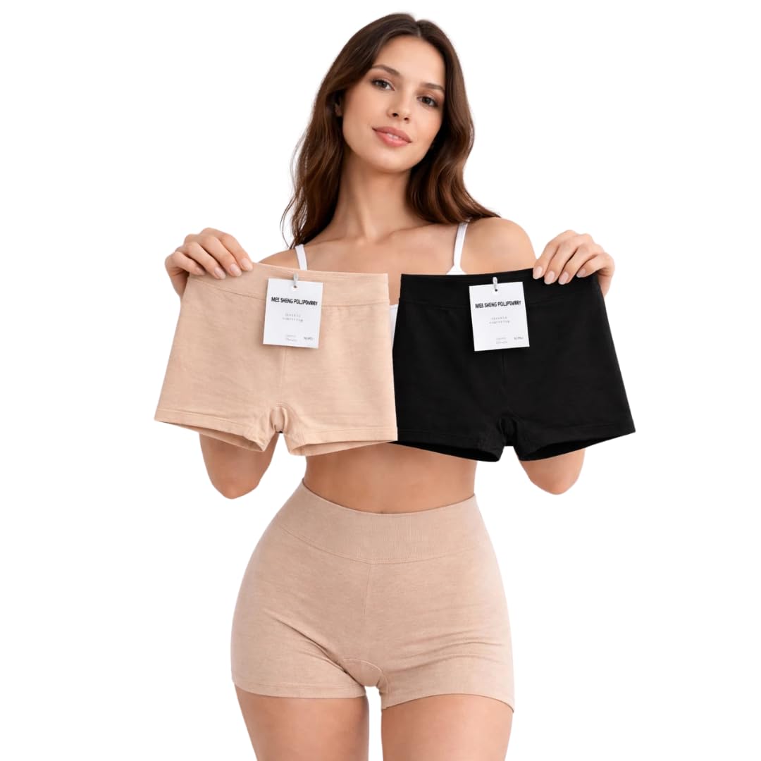 kesar lingeries Women's Boyshort Underwear, High Waist, Beige and Black, 2-Pack, Comfortable Fit-picture-22