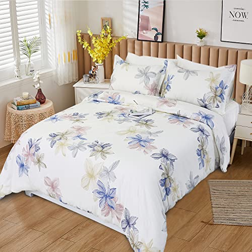 Twin Size Cotton Duvet Cover Set with Pillowcases, 4 Corner Ties, and Zipper Closure