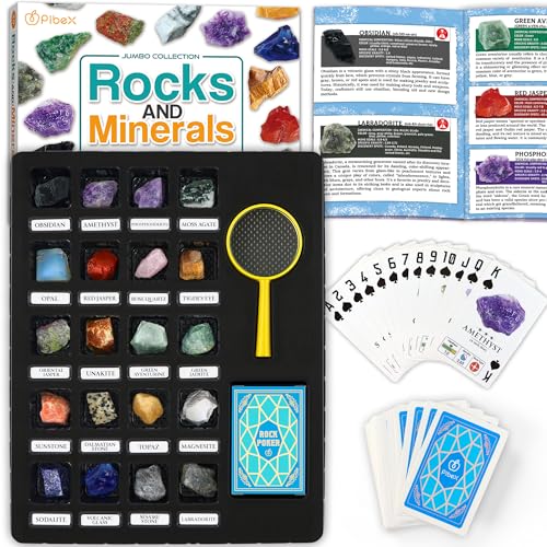 Jumbo Rock Collection Kit - 20 Pcs Large Unpolished Rocks, Minerals & Crystals (1.5-2 inch) with 54 Game Cards, Learning Book, Collector Box & Magnifier - Educational Rock Lover Gift for Kids 6+