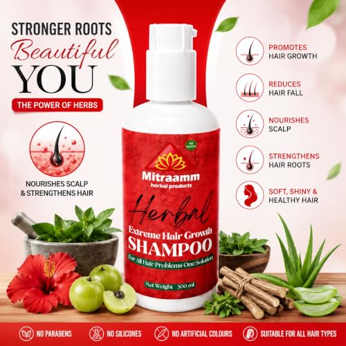 Image of Mitraamm Herbal Extreme Hair Growth Shampoo 300ml for Men & Women | Natural Hair Fall Control & Scalp Nourishing Sulphate & Parabean Free Shampoo | Ayurvedic Herbal Cleanser for Strong, Thick & Healthy Hair