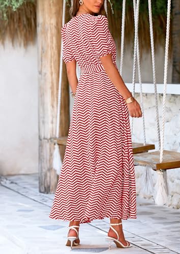 Image of PRETTYGARDEN Women's Summer Wrap Maxi Dress Casual Boho Floral V Neck Short Sleeve Ruffle Hem Split Beach Long Dresses
