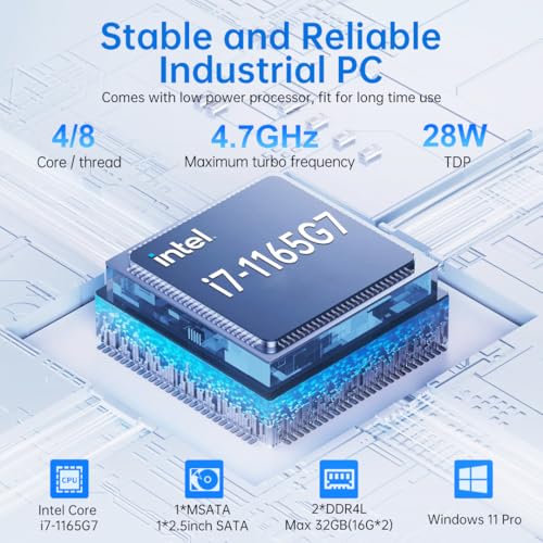 Image of msecore Industrial Mini PC, Fanless Computer with Core i7-1165G7 (4 Cores, 2.8-4.7GHz), 16G RAM 256G SSD, 4K@60Hz, 2 * 2.5G LAN, 6*COM RS232, Wake On LAN /Auto Power On, Wi-Fi 6, Dual Display