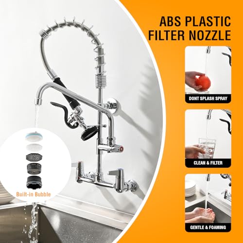 Image of GIMILI Commercial Sink Faucet with Sprayer, 25 inch Height 8 Inch Center Pull Down Wall Mount Faucet for Restaurant, Kitchen, Industrial, Farmhouses Sink