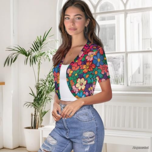 Image of Womens Short Sleeve Cardigans Lightweight Summer Cardigan Trendy Bolero Shrug Cute Floral Cardigan Sheer Bolero