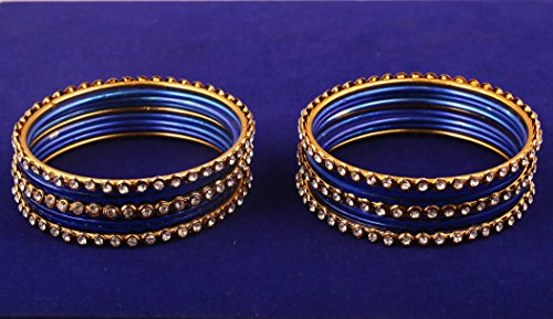 Touchstone "Colorful Collection Indian Bollywood Alloy Single Line Clear Rhinestone And Textured Royal Blue Color Bangle Bracelets Set Of 18 In Antique Gold Tone For Women. #TOP2