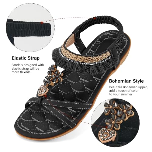 Aomigoct Womens Sandals Flats Shoes: Dressy Summer Flat Sandals for Women Open Toe - Bohemian Casual Beach Shoes Elastic Ankle Strap4