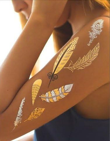 Zip Flash Tattoos - All Feathers Set -Metallic Temporary Tattoos - Premium Sheets of Gold, Silver, and Black Zip Flash Tattoo for Women & Girls - Waterproof