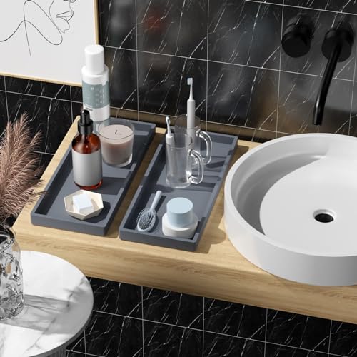 Image of BBK Bathroom Trays 2 Pack (Large, Gray) - Silicone, Rectangular, Dishwasher Safe - Organize Toiletries & Grooming Products