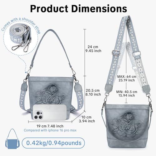 Image of Crossbody Purses for Women, Trendy Embossed Vegan Leather Bucket Bag, Travel Shoulder Handbag with 2 Detachable Straps