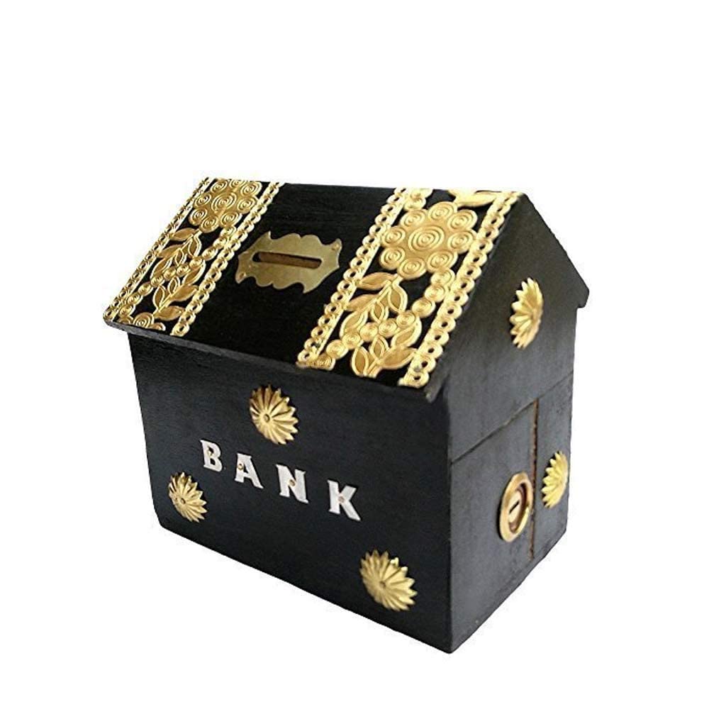 CLASSIC WOOD CARVER Wooden Retro Piggy Bank with Lock and Keys, Coin Box Money Case Safe Money Box, Birthday Gifts for Kids Adult - Black