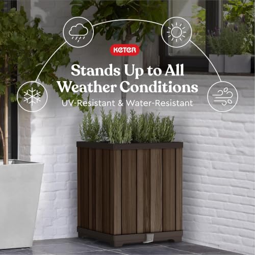 Image of Keter Signature 21.6 Inch Tall Square Large Wood Look Planter for Indoor or Outdoor Flower Pot Ideal for Patio Deck and Front Porch Decor, Rosewood