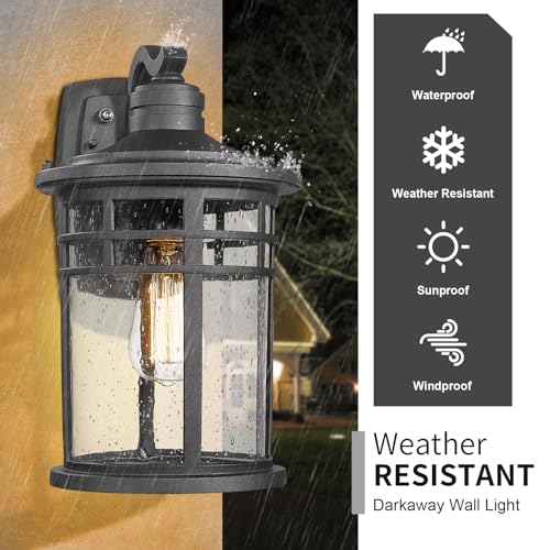 Image of Darkaway Dusk to Dawn Outdoor Porch Wall Light,Outside Wall Mounted Light Seeded Glass Exterior Waterproof Lantern 14.57inch Large Modern Wall Sconce Lighting for House Front Door Garage