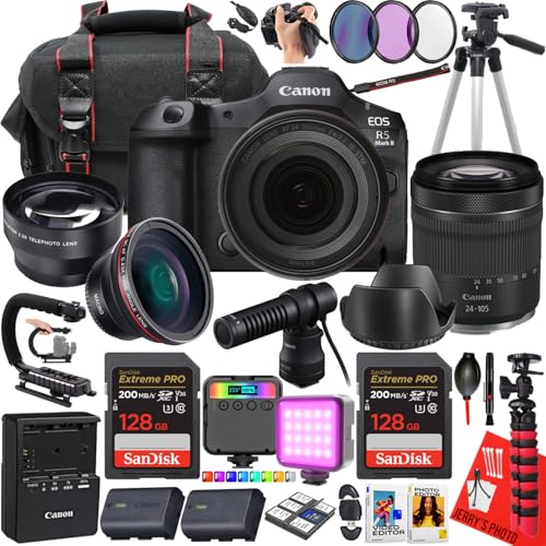 Canon EOS R5 Mark II Mirrorless Camera with Canon RF 24-105mm f/4-7.1 is STM Lens + 2pc 128 GB Memory + Canon DM-E100 Microphone + LED Light + More (29pc Bundle) (Renewed)
