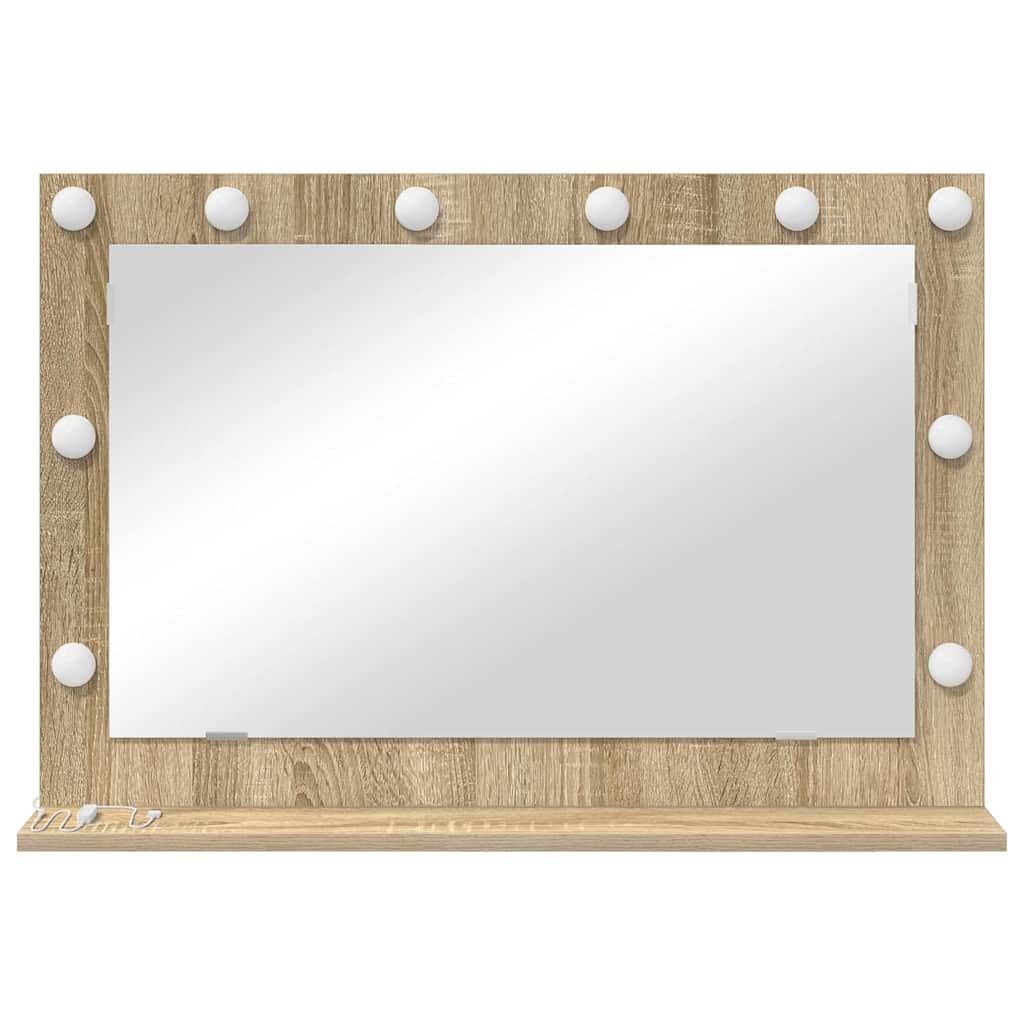 Lustro umywalkowe LED z ciepłym białym światłem, prostokątne, dąb Sonoma, 80 x 55 x 18 cm, fornirowane drewno i szkło, do łazienki, sypialni, korytarza, energooszczędne, nowoczesne wzornictwo