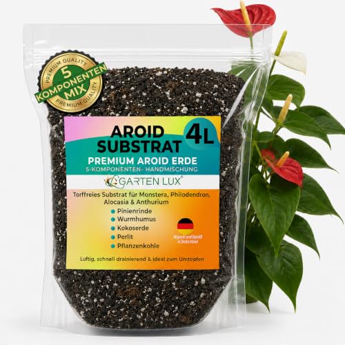 Garten Lux Premium Aroid Mix Erde-4L-5 Komponenten Torffreie Zimmerpflanzenerde für Alocasia Philodendron Epipremnum Sansevieria Spathiphyllum- Blumenerde der Aroid-Familie zum Wachsen und Umpflanzen