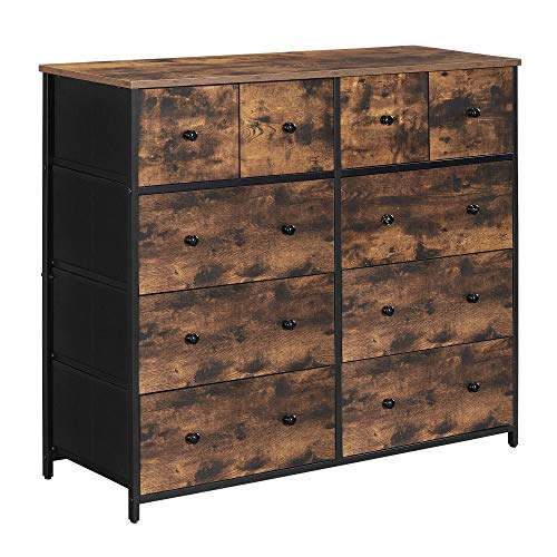 SONGMICS Industrial Wide Dresser, 10-Drawer Storage Tower, Metal Frame, Wooden Top and Front, Rustic Brown + Black SONGMICS Industrial Wide Dresser, 10-Drawer Storage Tower, Metal Frame, Wooden Top and Front, Rustic Brown + Black
