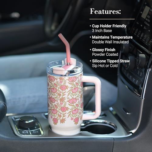 Image of Christian Art Gifts Extra Large Stainless Steel Double Wall Vacuum Insulated Travel Tumbler for Women: Be Still Inspirational Scripture, Lid, Reusable Straw, Wide Handle, White & Pink Floral, 40 oz.