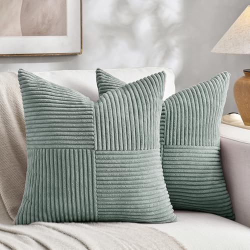 Image of Fancy Homi 2 Packs Grey Blue Decorative Throw Pillow Covers 20x20 Inch for Couch Bed Sofa, Rustic Farmhouse Boho Home Decor, Soft Corss Corduroy Patchwork Accent Square Cushion Case 50x50 cm