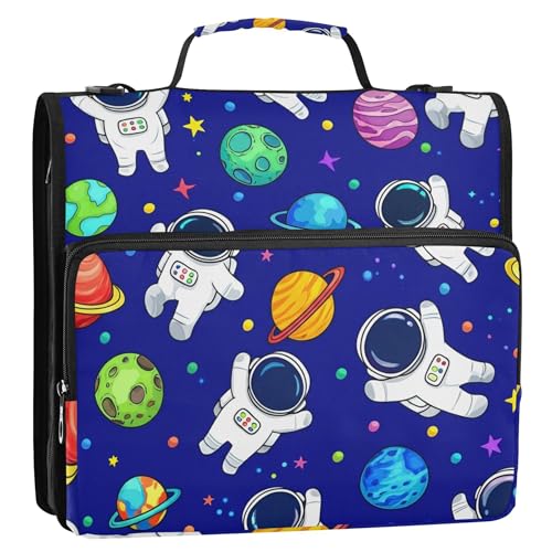 かわいい漫画宇宙飛行士スペース1 1/2インチバインダー 3リングジップアップバインダーオーガナイザー スクールバインダーバッグ ショルダーストラップストレージポートフォリオケース ハンドル付き