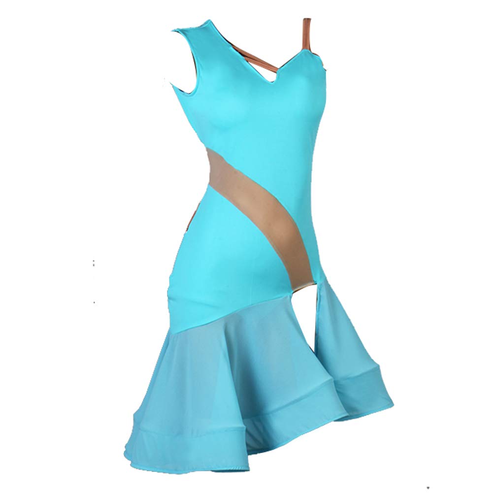 NAKOKOU Women Dance Wear Ballroom Dress Samba Costume Sexy Party Dresses Sheer Mesh Stretchy One-Piece Latin Dress Sleeveless(Lake Blue,2XL)