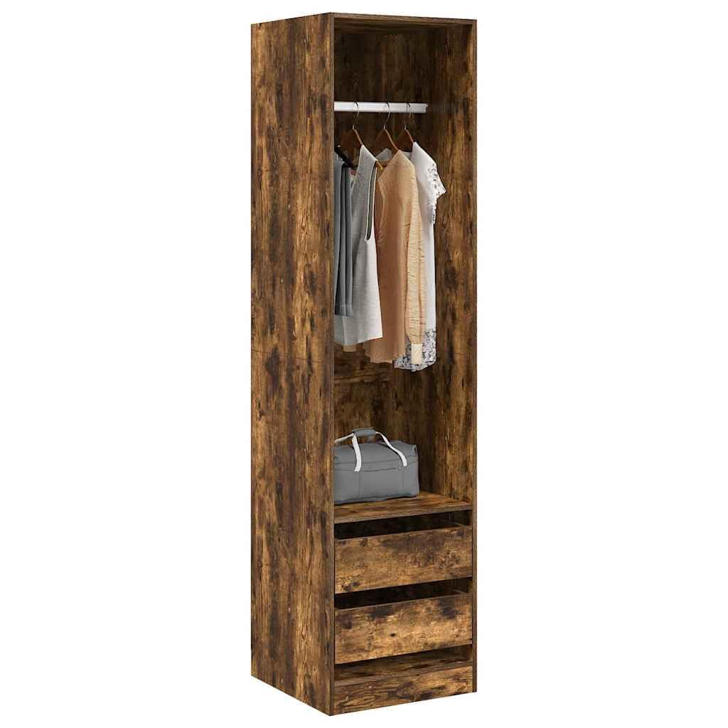 Armadio con cassetti, rovere affumicato, 50 x 50 x 200 cm, appendiabiti in legno con asta appendiabiti e scomparto per camera da letto, corridoio, cameretta dei bambini, spazio e ordine