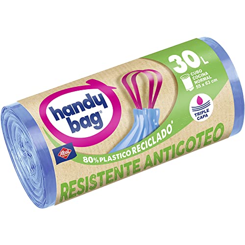 Handy Bag Bolsas de Basura 30L, Extra Resistentes, No Gotean, 80% Materiales Reciclados, 15 Bolsas