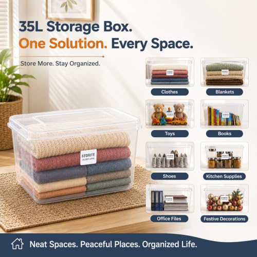 Image of Storite 2 Pcs 35L Premium Plastic Storage Box with Lid-Stackable Organizer | Storage Box for Clothes, Kids Toys, Kitchen - Plastic Storage Container Basket for Home, Office, Bathroom(Transparent)