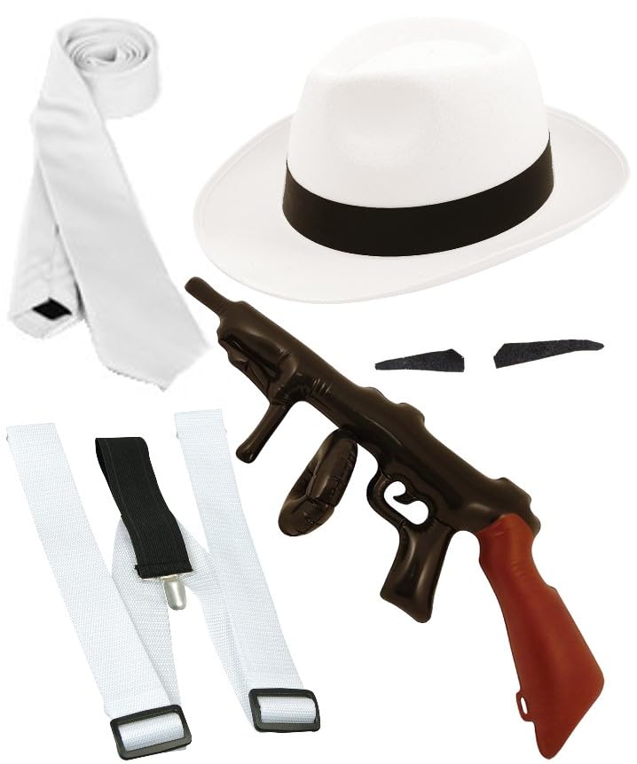 Dreamzfit Al Capone Gangster Costume Set for Men | 1920's Mafia Godfather Gatsby Fancy Dress with White Hat, Braces, Tie, Moustache & Inflatable Tommy Gun