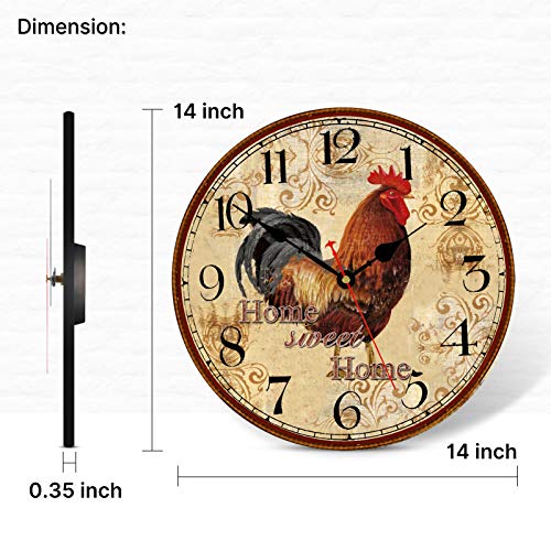 Image of TAHEAT 14 Inch Rustic Rooster Wall Clock Retro Silent Non Ticking Easy to Read Clock, Battery Operated Decorative Wall Clocks for Kitchen /Living Room /Bedroom /Farmhouse Decoration