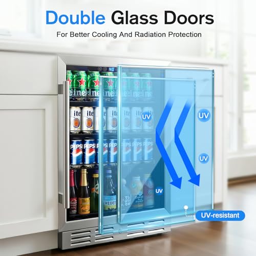 Image of Kalamera 24 Inch Beverage Refrigerator, 164 Cans Under Counter Mini Fridge | Beverage Cooler, Built-in / Freestanding Drink Fridge with Glass Door & Adjustable Shelves for Home Kitchen Office Bar