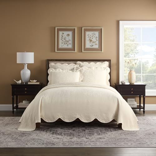 Charleston Estate Modern Farmhouse Floral Matelasse Coverlet with Scalloped Edges, 100% Cotton Breathable Bedding, Full/Queen, Ivory Floral
