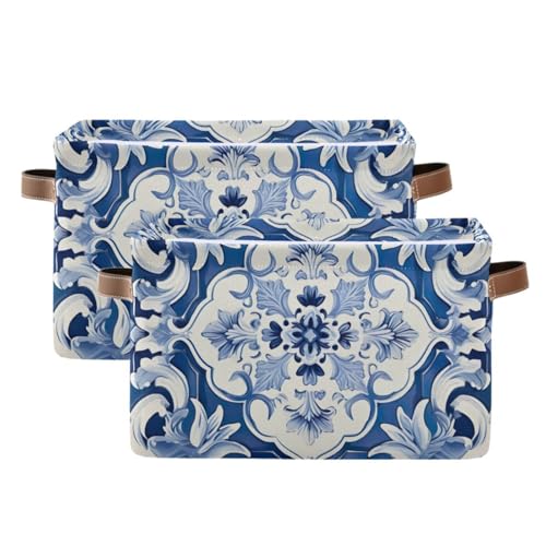 PaChyLuu Blue White Tiled Pattern Storage Basket Bin Canvas Fabric Organizer Toys Basket with Handles for Home Office Nursery, Clothes, Gifts, 2 Pcs
